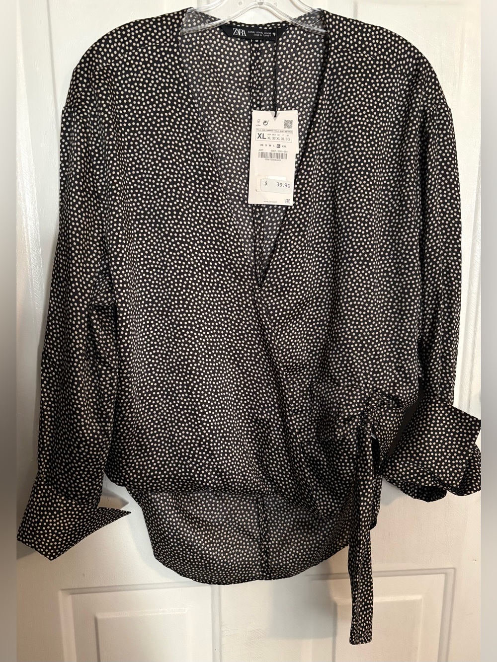 Zara Black & White Polka Dot Faux Wrap Blouse with Wide Cuff Sleeves - Picture 2 of 16